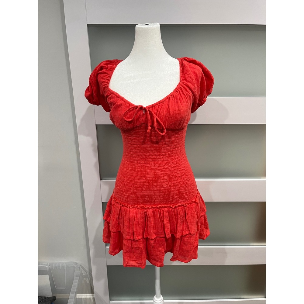 Sky to Moon Red orange Mini Dress Puff Sleeve‎ Tiered Ruffle Small NEW